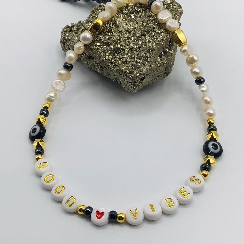 Necklace Good Vibes Evil Eye Fresh Water Pearls Hematite Beads Gold Tone Heart